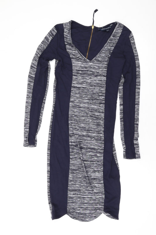 Additional front view of French Connection women’s blue viscose bodycon, size UK 8, v-neck zip