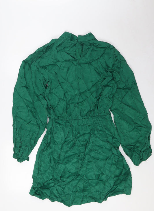 Zara Womens Green Houndstooth Viscose Wrap Dress Size M Mock Neck Button