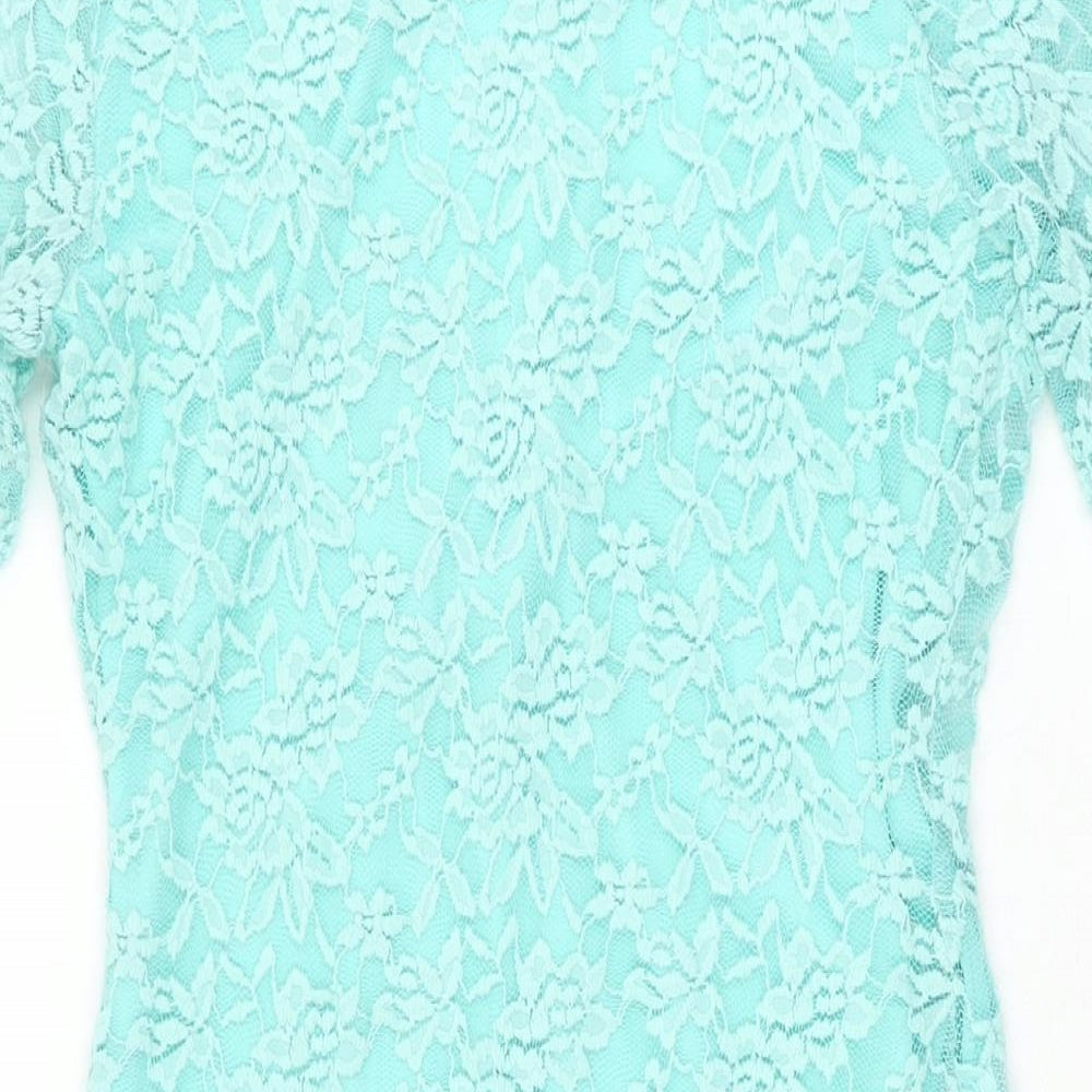 Brand and care label for ASOS women’s blue floral nylon bodycon, size UK 12, sweetheart pullover