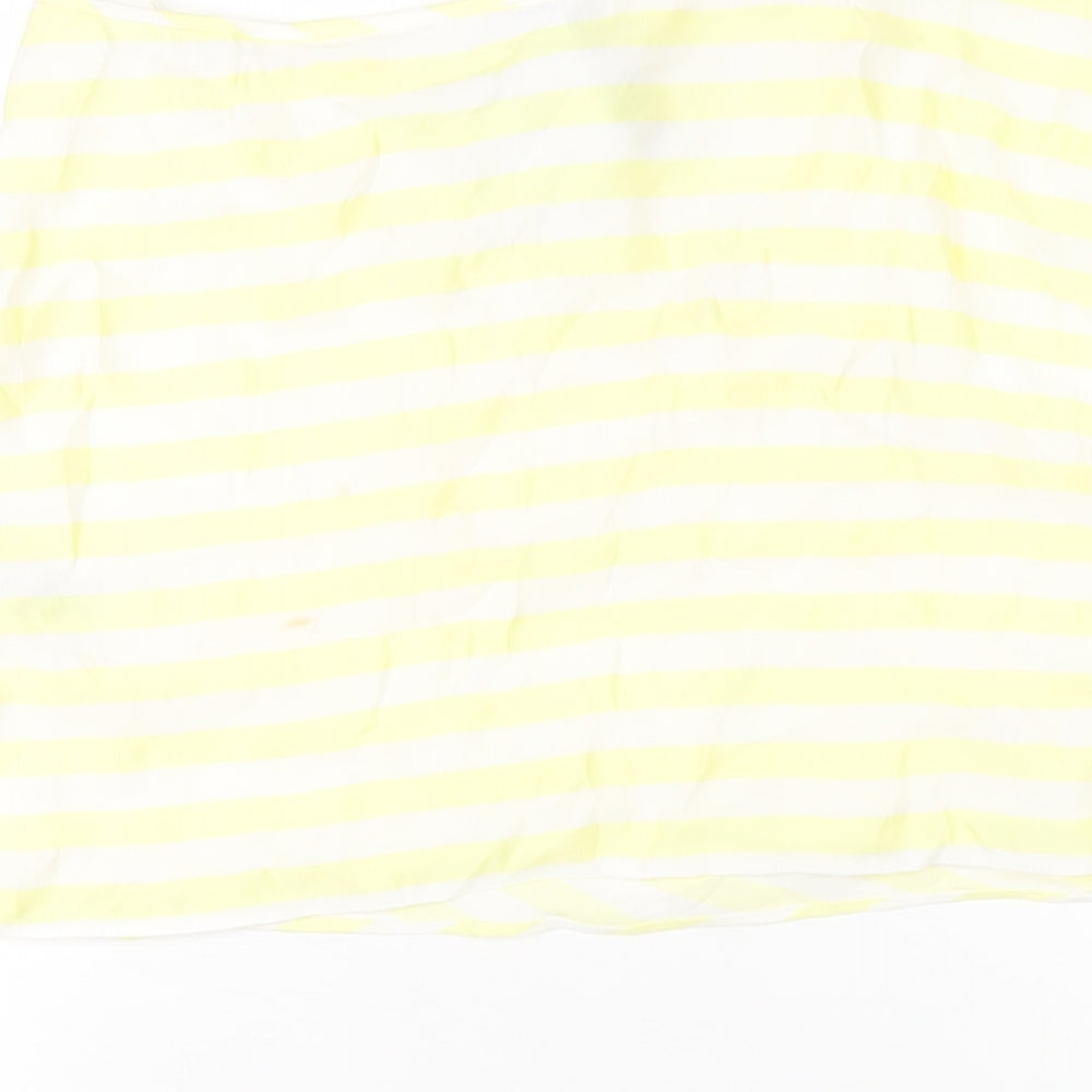 Brand and care label for ASOS women’s yellow striped viscose a-line skirt, size UK 12, tie