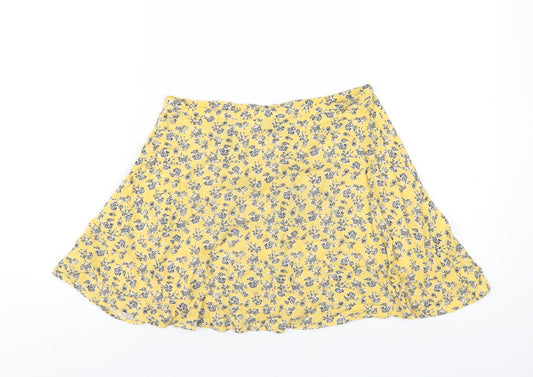H&M Womens Yellow Floral Viscose A-Line Skirt Size 8 Button