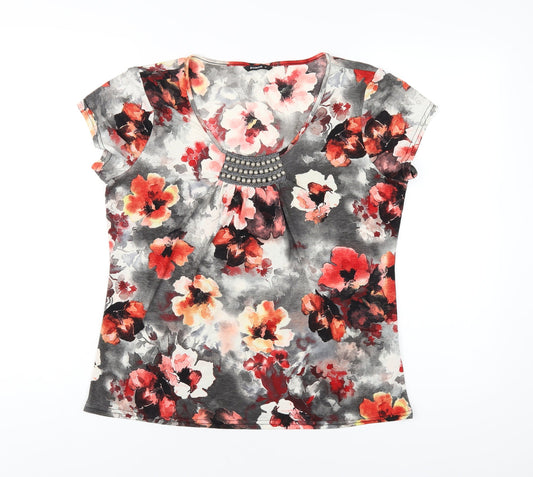 Additional front view of Roman women’s multicoloured floral polyester basic t-shirt, size UK 14, scoop neck