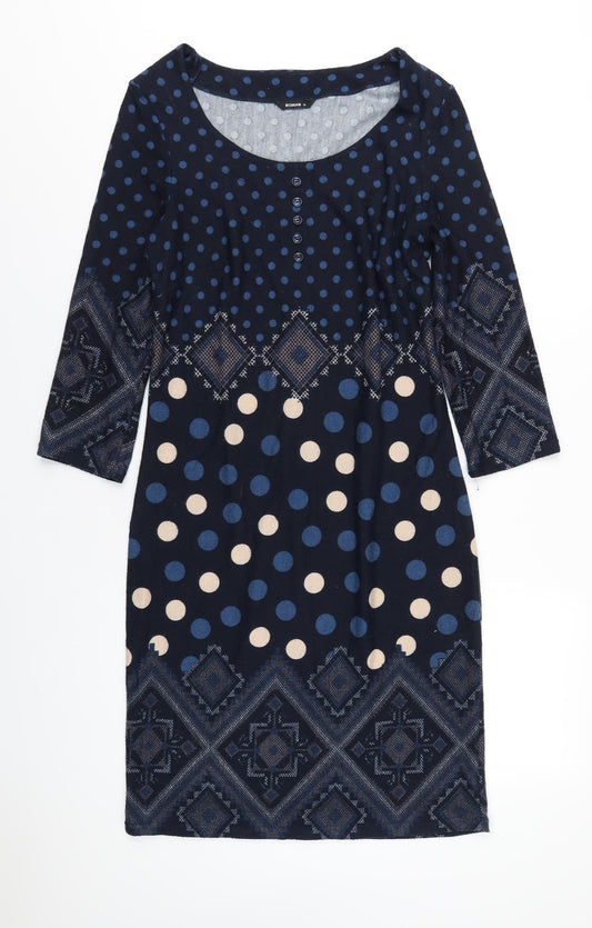 Additional front view of Roman women’s blue geometric polyester a-line, size UK 12, scoop neck pullover