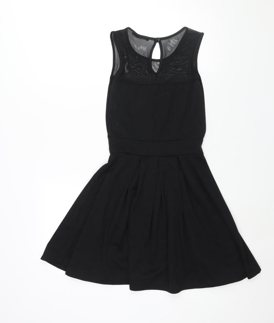 Boohoo Womens Black Polyester Fit & Flare Size 12 Round Neck Button - Mesh Bodice Detail