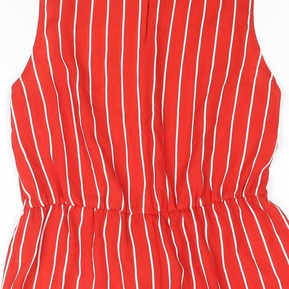 Brand and care label for Miss Selfridge women’s red striped polyester camisole blouse, round neck - tie detail peplum