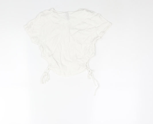 Divided by H&M Womens White Cotton Cropped T-Shirt Size S Round Neck - Drawstring Cut Out