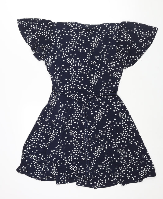 Oasis Womens Black Polka Dot Polyester A-Line Size S V-Neck Pullover - Button Detail Belted