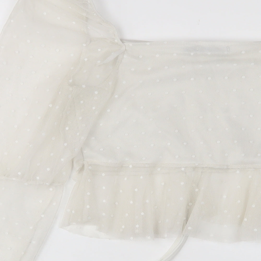 Boohoo Womens White Polka Dot Polyester Cropped Blouse Size 12 Square Neck - Embroidered