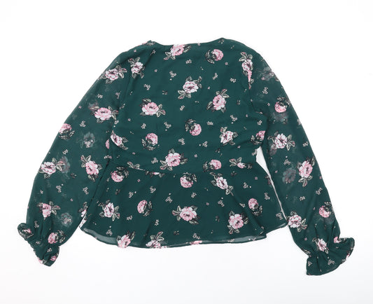 Divided by H&M Womens Green Floral Polyester Basic Blouse Size 8 V-Neck
