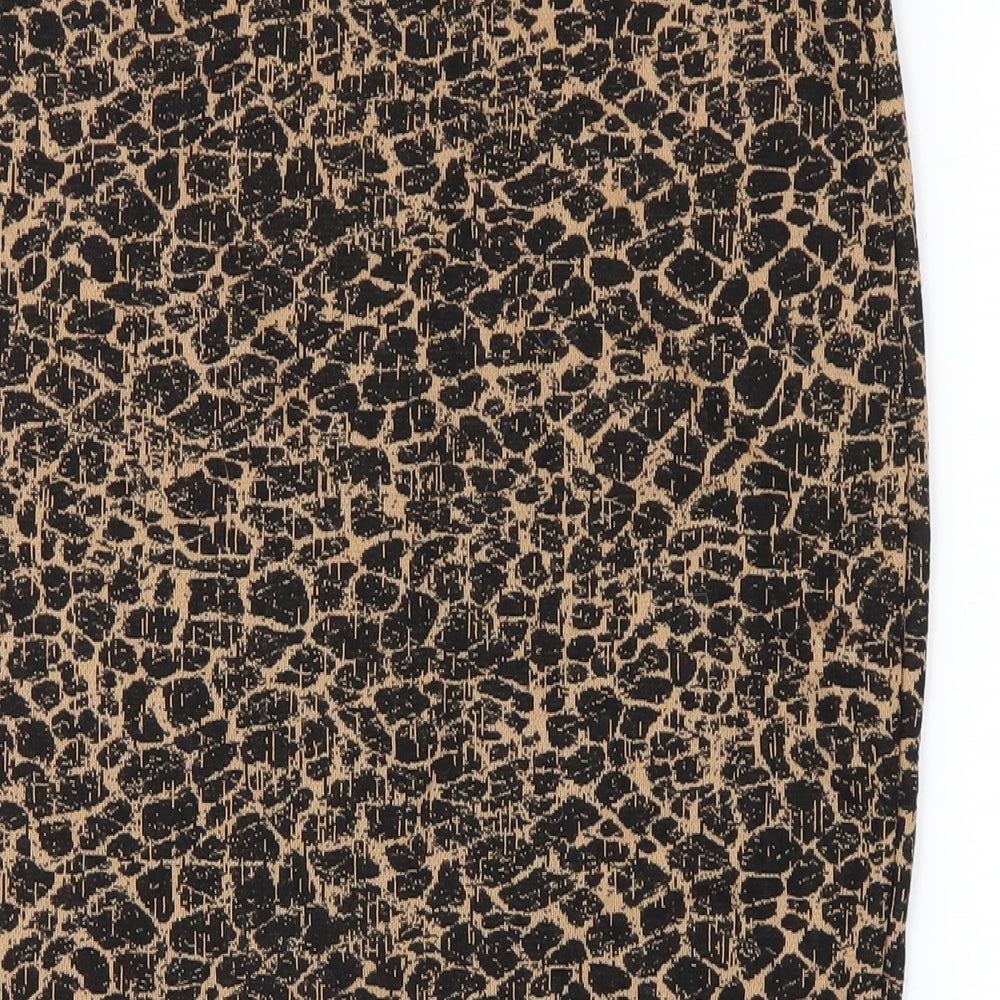 Brand and care label for ASOS women’s brown geometric polyester straight & pencil skirt, size UK 8