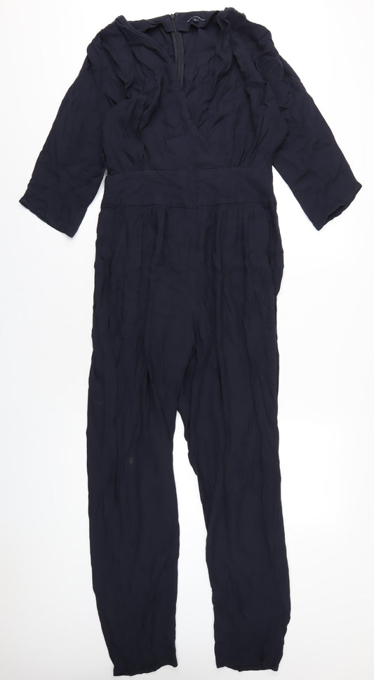 Additional front view of French Connection women’s blue acetate jumpsuit one-piece, size UK 12, 31-inch leg zip