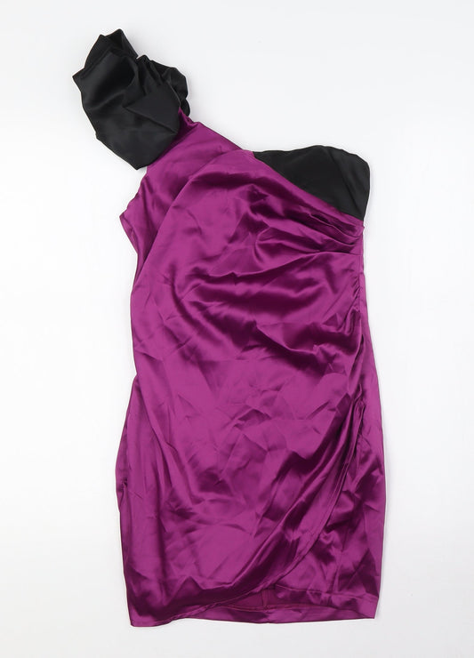 Additional front view of AX women’s purple polyester bodycon, size UK 8, one shoulder zip