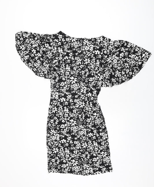 French Connection Womens Black Floral Viscose Mini Size 8 V-Neck Zip