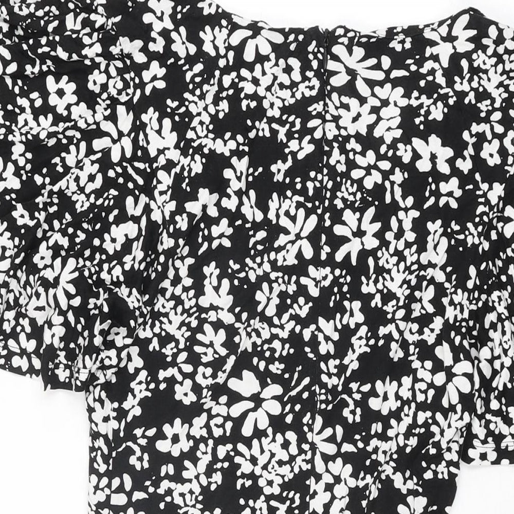 French Connection Womens Black Floral Viscose Mini Size 8 V-Neck Zip