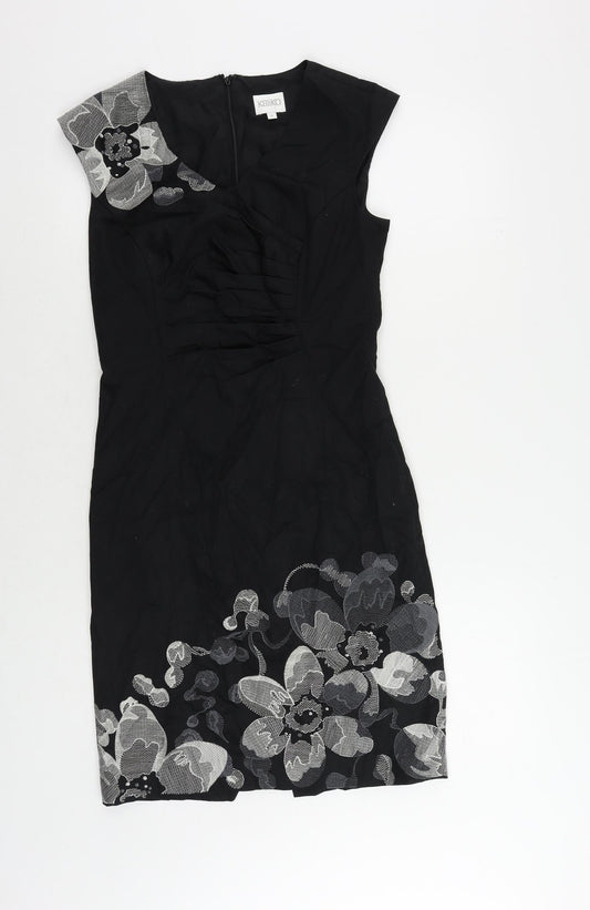 Additional front view of Kaliko women’s black cotton pencil dress, size UK 8, v-neck zip - embroidered