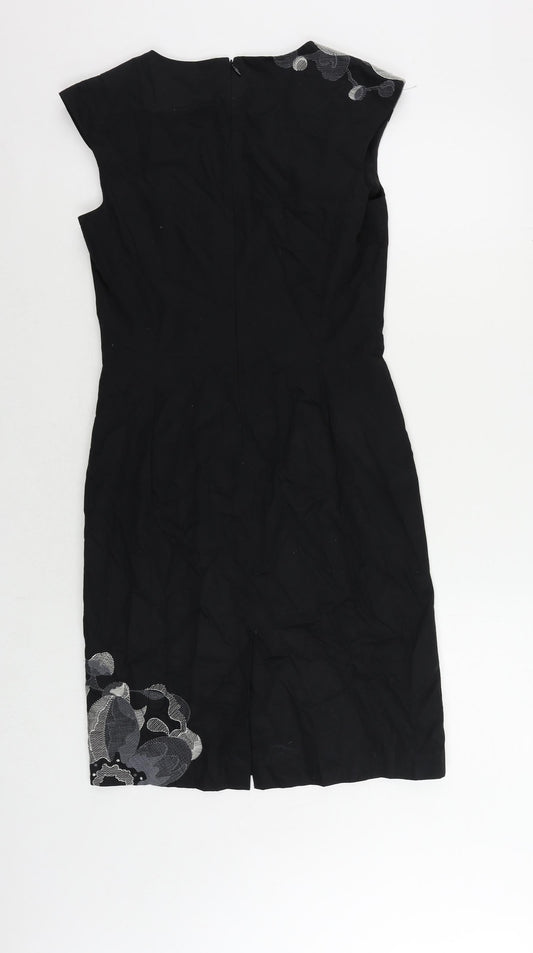 Kaliko Womens Black Cotton Pencil Dress Size 8 V-Neck Zip - Embroidered