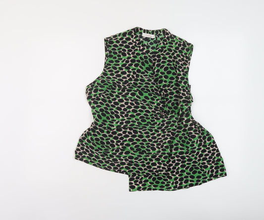 Finery Womens Green Animal Print Viscose Wrap Blouse Size 12 Mock Neck
