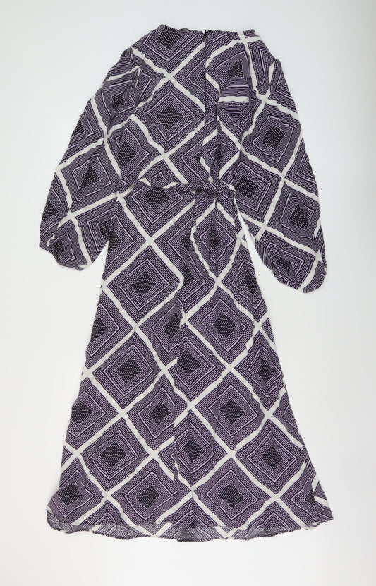 Marks and Spencer Womens Purple Geometric Viscose A-Line Size 10 Round Neck Zip