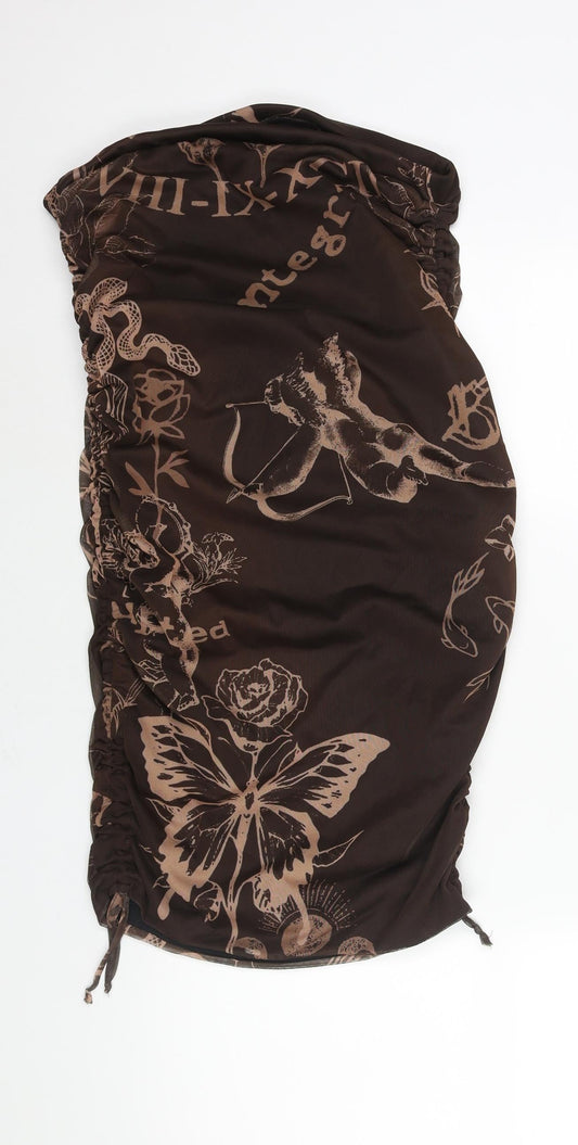 PRETTYLITTLETHING Womens Brown Geometric Polyester Bodycon Size 16 Square Neck Pullover - Drawstring Detail Rouched