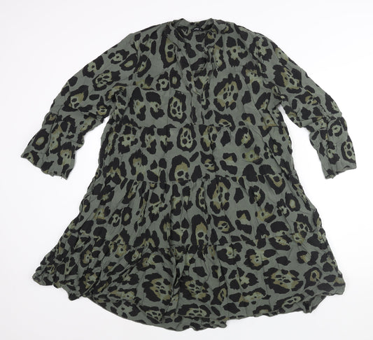 Additional front view of Roman women’s green animal print viscose shift, size M, v-neck pullover - smocked jaguar print