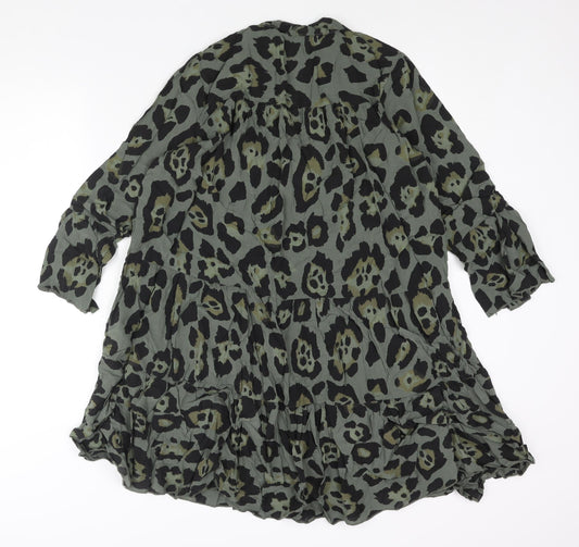Roman Womens Green Animal Print Viscose Shift Size M V-Neck Pullover - Smocked Jaguar Print
