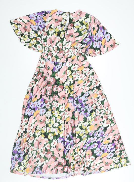 Oasis Womens Multicoloured Floral Polyester A-Line Size S Round Neck Button