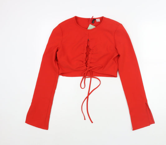 Divided by H&M Womens Red Polyester Basic Blouse Size 12 Round Neck - Drawstring Cut Out