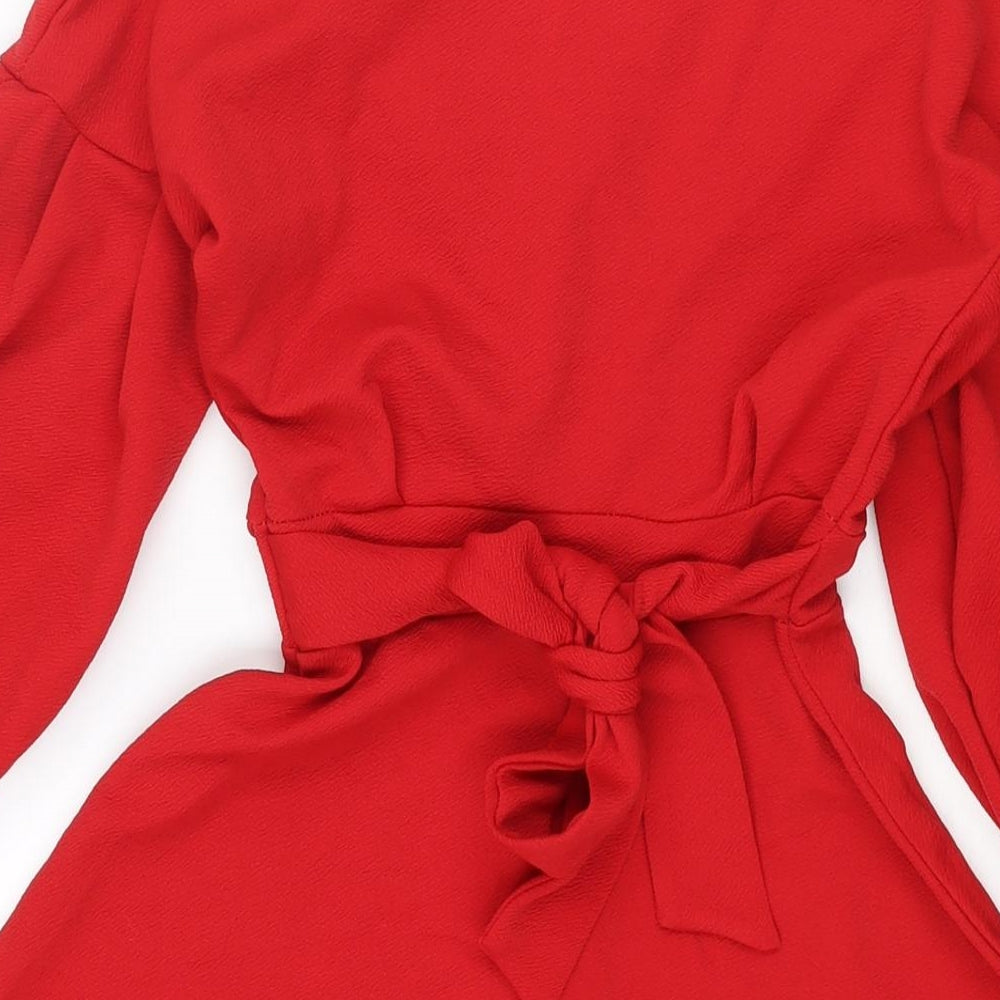 Boohoo Womens Red Polyester A-Line Size 4 V-Neck Pullover - Belted