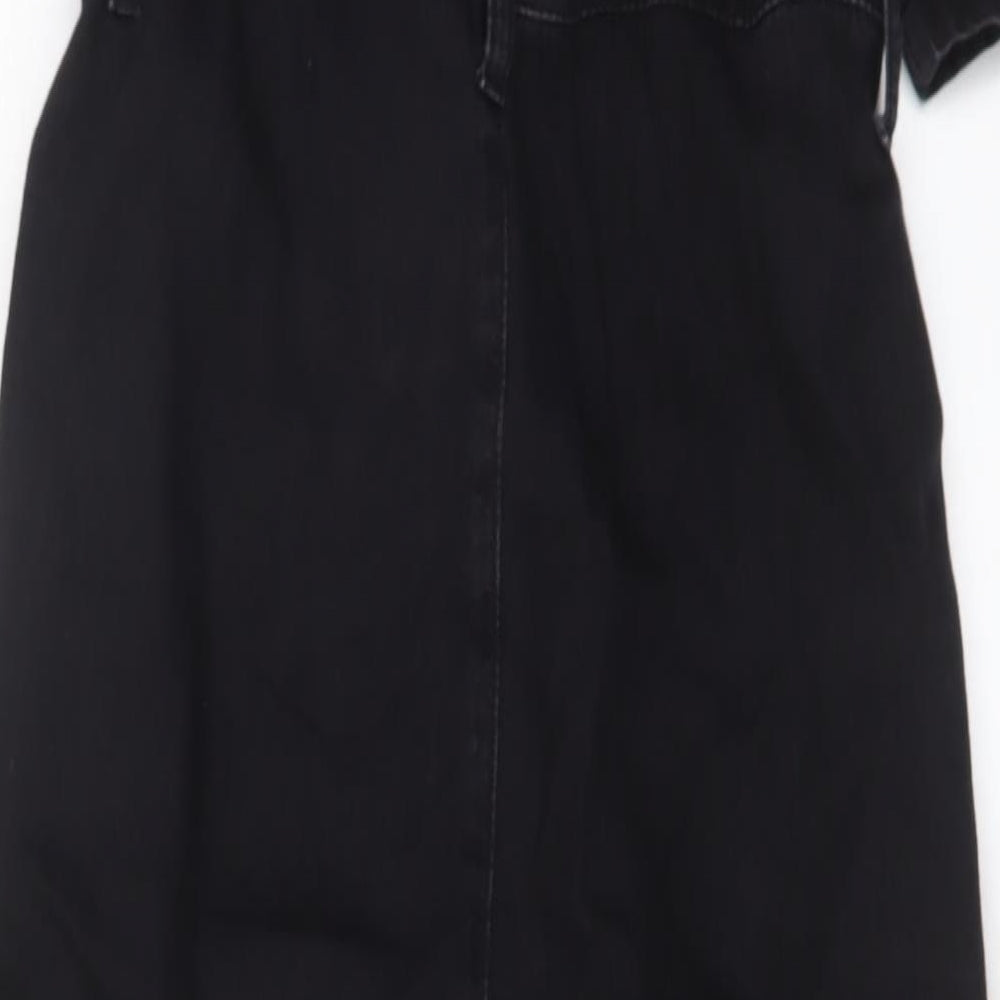 Brand and care label for Denim & Co. women’s black cotton jumpsuit one-piece, size UK 6, 28-inch leg button - belted
