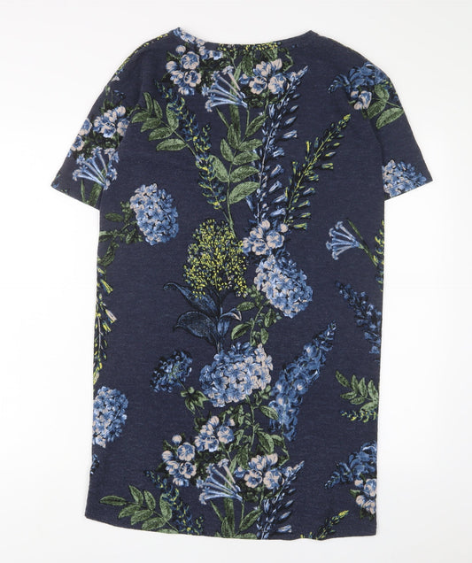 NEXT Womens Blue Floral Polyester Sheath Size 8 V-Neck Pullover