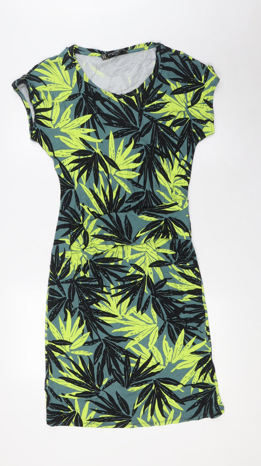 Additional front view of Principles women’s green viscose a-line, size UK 12, round neck - leaf print