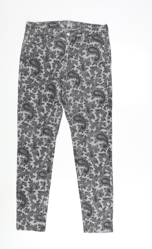 Additional front view of FC Jeans women’s grey paisley cotton blend straight jeans, size UK 10, 27-inch leg extra-slim zip