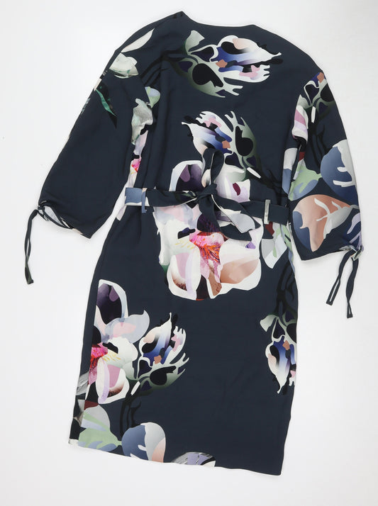 NEXT Womens Blue Floral Polyester A-Line Size 6 V-Neck Pullover