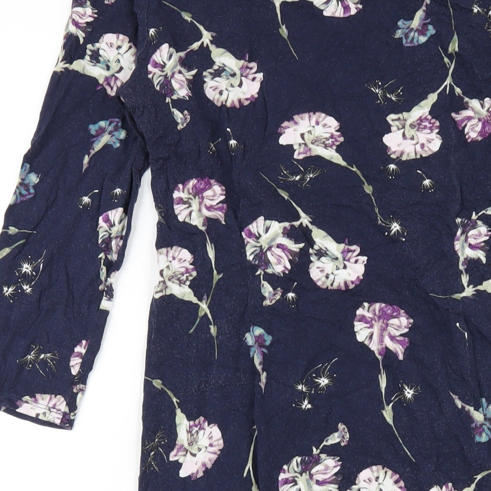 Classic Womens Blue Floral Viscose Bodycon Size 10 Round Neck Pullover