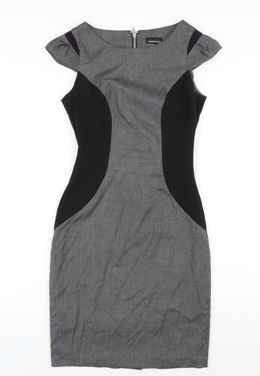 Warehouse Womens Grey Polyester Pencil Dress Size 8 Round Neck Zip
