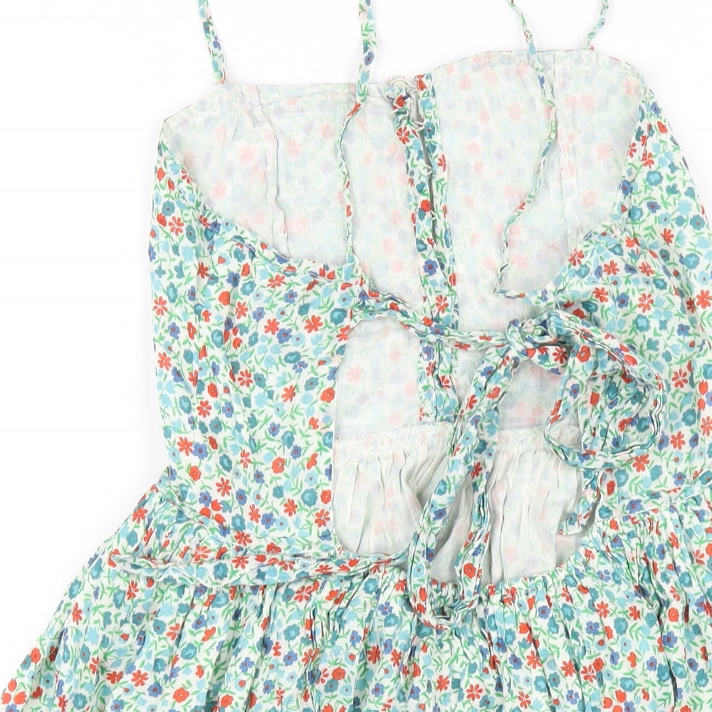 Topshop Womens Green Floral Cotton A-Line Size 10 Square Neck Button