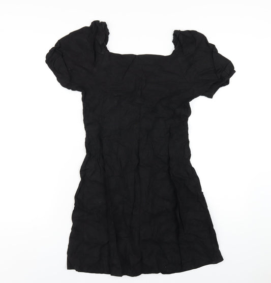 New Look Womens Black Linen A-Line Size 10 Square Neck Button