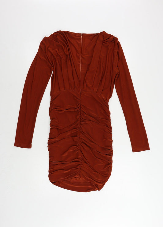 AX Paris Womens Brown Polyester Bodycon Size 12 V-Neck Zip - Ruched