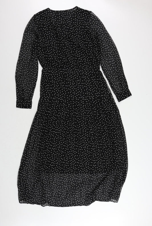 NEXT Womens Black Polka Dot Polyester Maxi Size 6 V-Neck Button