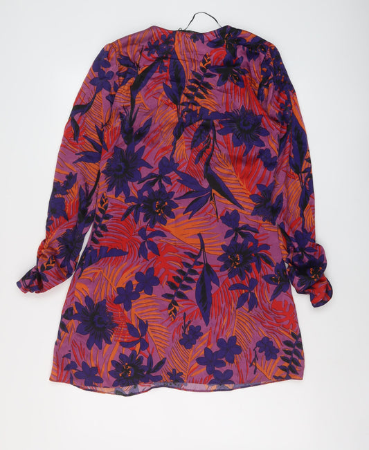 Zara Womens Multicoloured Floral Polyester Mini Size S V-Neck Zip