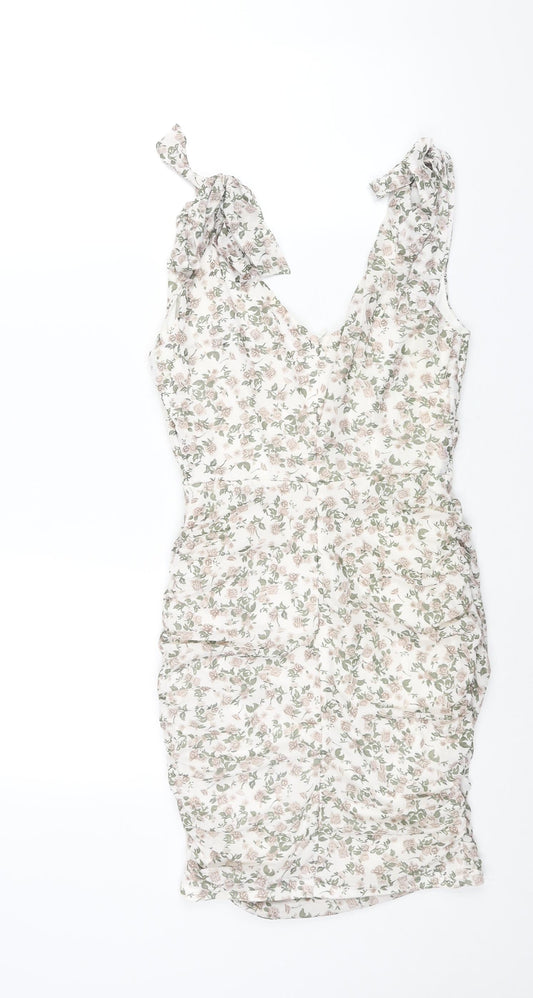 PRETTYLITTLETHING Womens Multicoloured Floral Polyester Mini Size 10 V-Neck Zip - Rouched Bow