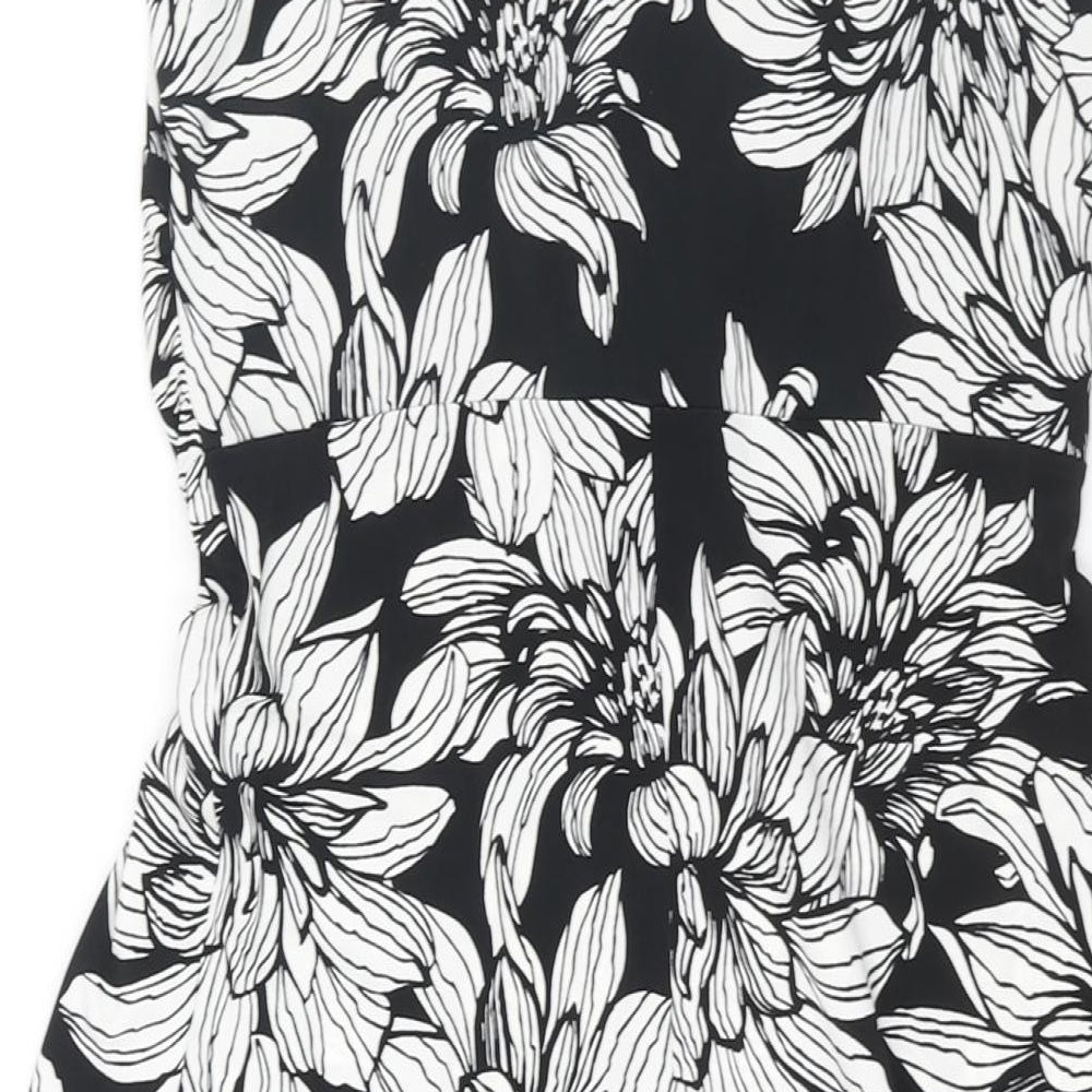 Brand and care label for Wallis women’s black floral polyester a-line, size UK 10, v-neck pullover - twist detail