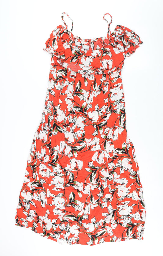 Additional front view of ICHI women’s red floral viscose shift, size S, scoop neck pullover - frill cold shoulder