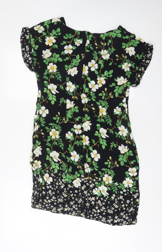 Dorothy Perkins Womens Black Floral Viscose Sheath Size 14 Scoop Neck Zip