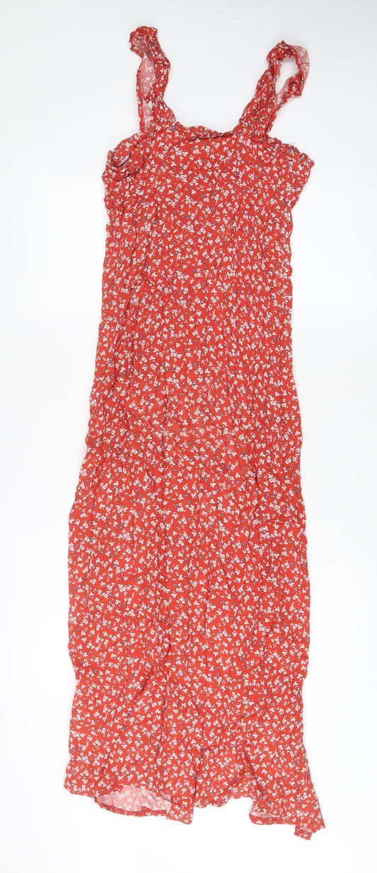 Topshop Womens Red Floral Viscose A-Line Size 8 Square Neck Button - Side slits
