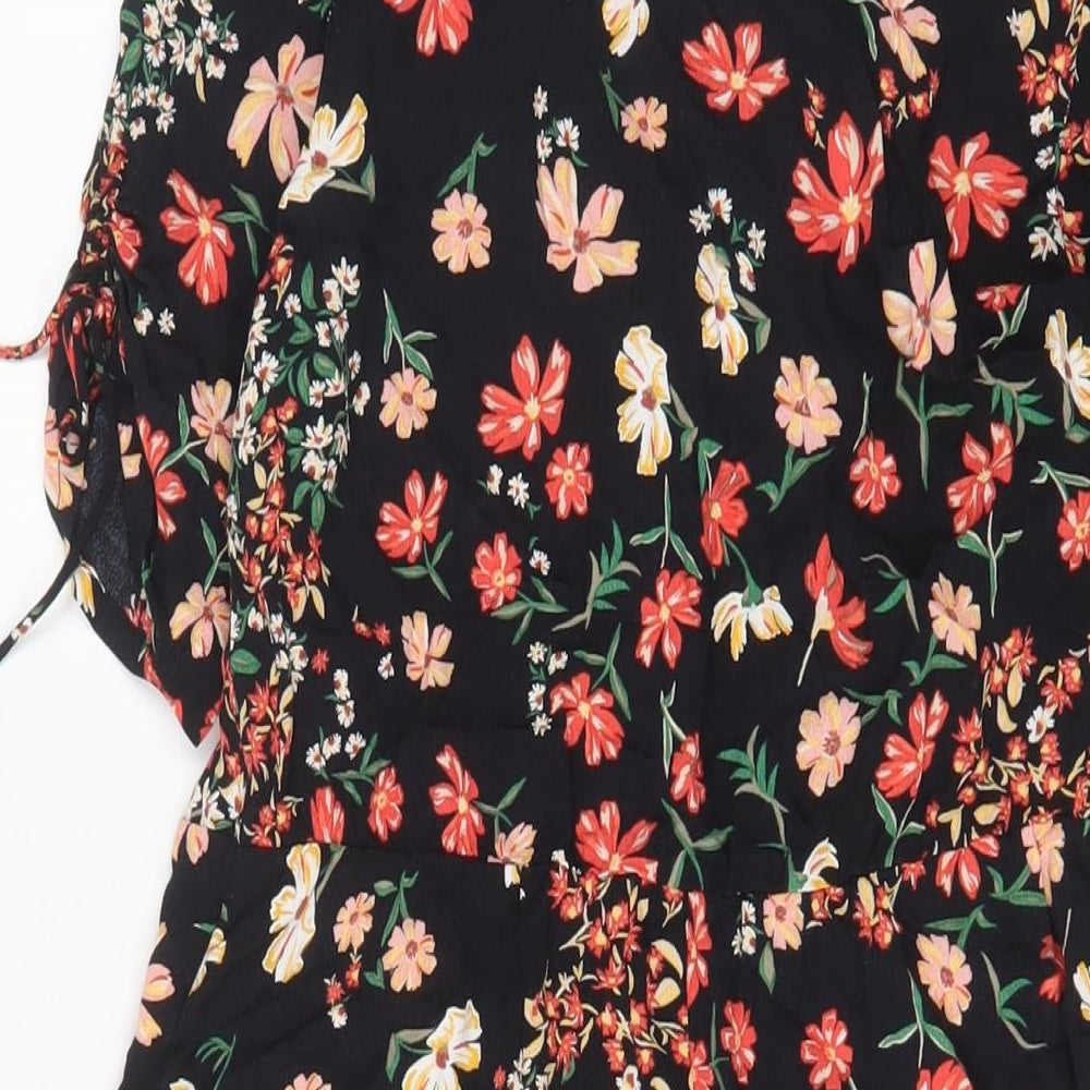H&M Womens Black Floral Viscose A-Line Size 6 V-Neck Button