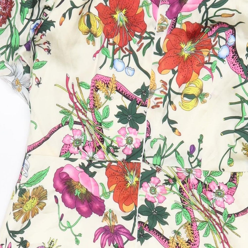 Danity Womens White Floral Polyester A-Line Size L Boat Neck Zip
