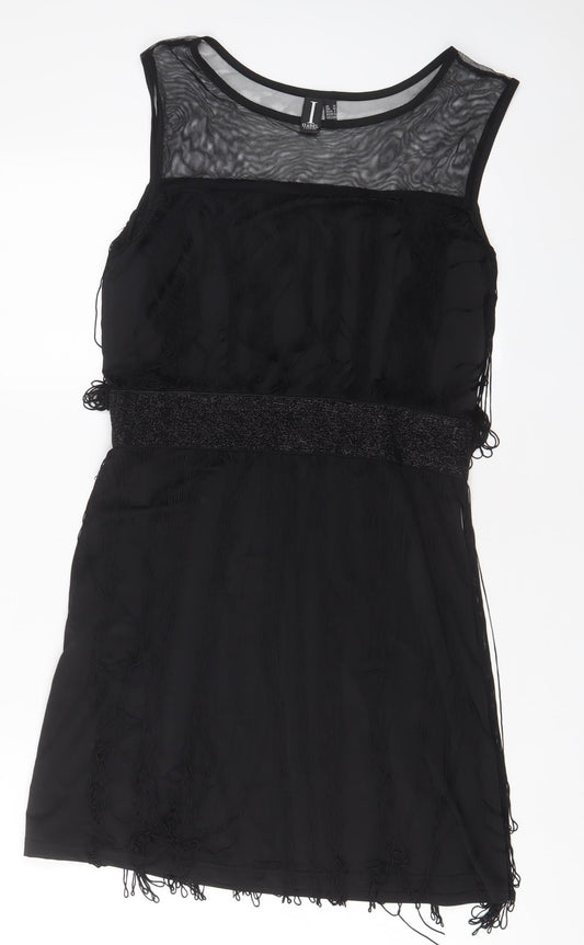 Izabel London Womens Black Polyester A-Line Size 10 Boat Neck Pullover - Tassled