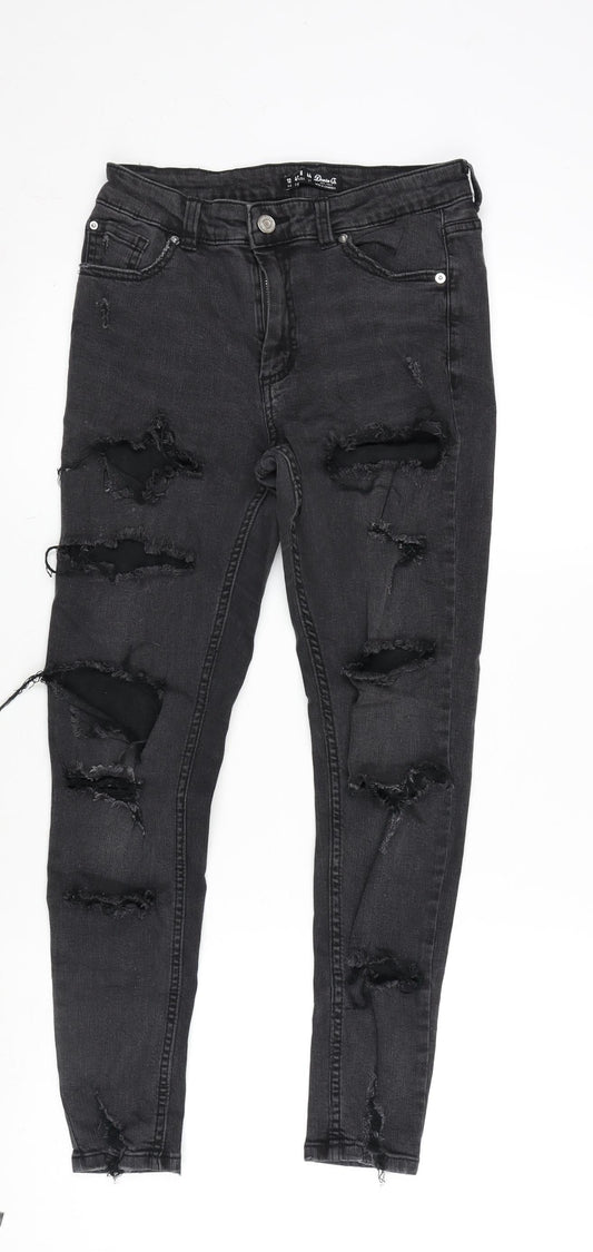 Additional front view of Denim & Co. women’s grey cotton blend straight jeans, size UK 12, 25.5-inch leg regular zip