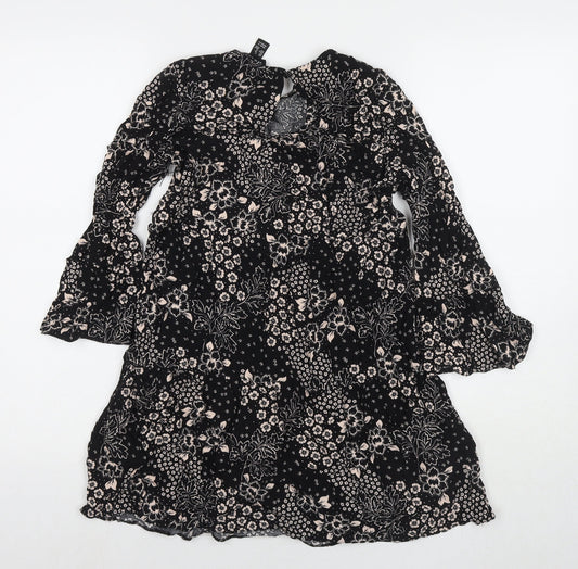 New Look Womens Black Geometric Viscose A-Line Size 8 Round Neck Button